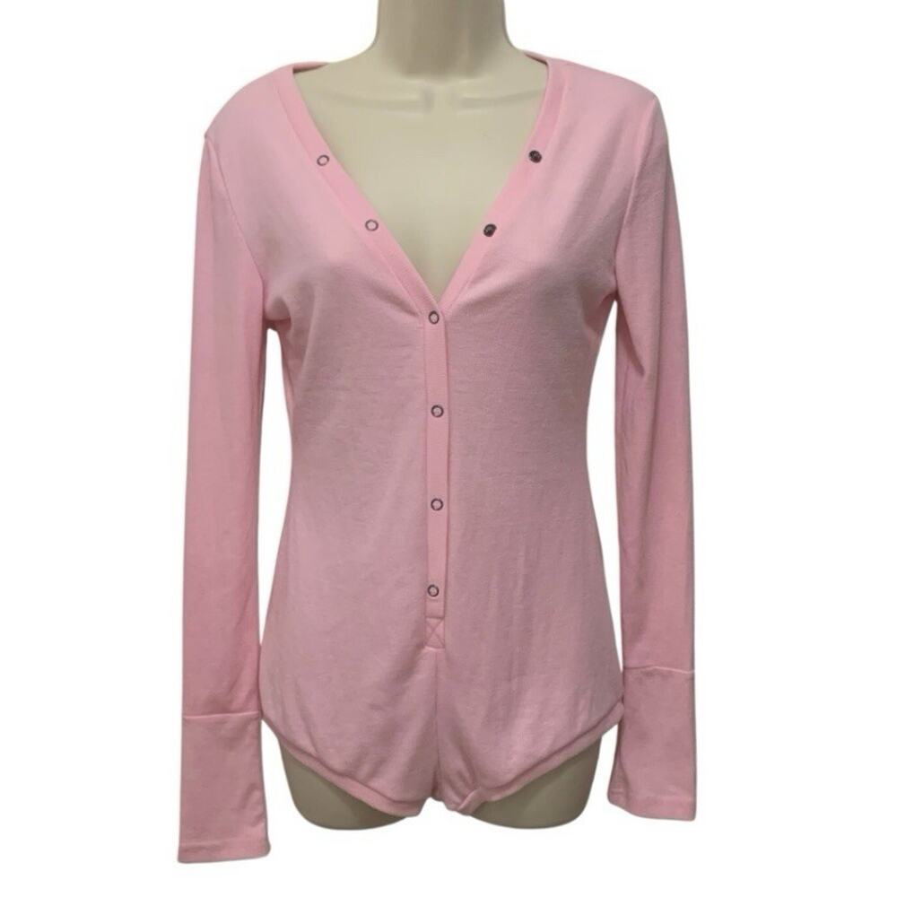 Women’s Henley Pajama Romper Pink Long Sleeve Snap Front Cheeky Size Small